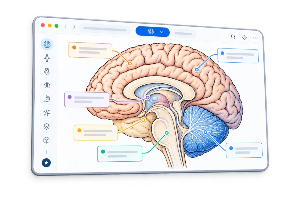 NovoLearn preview with labels pointing to structures on a brain diagram